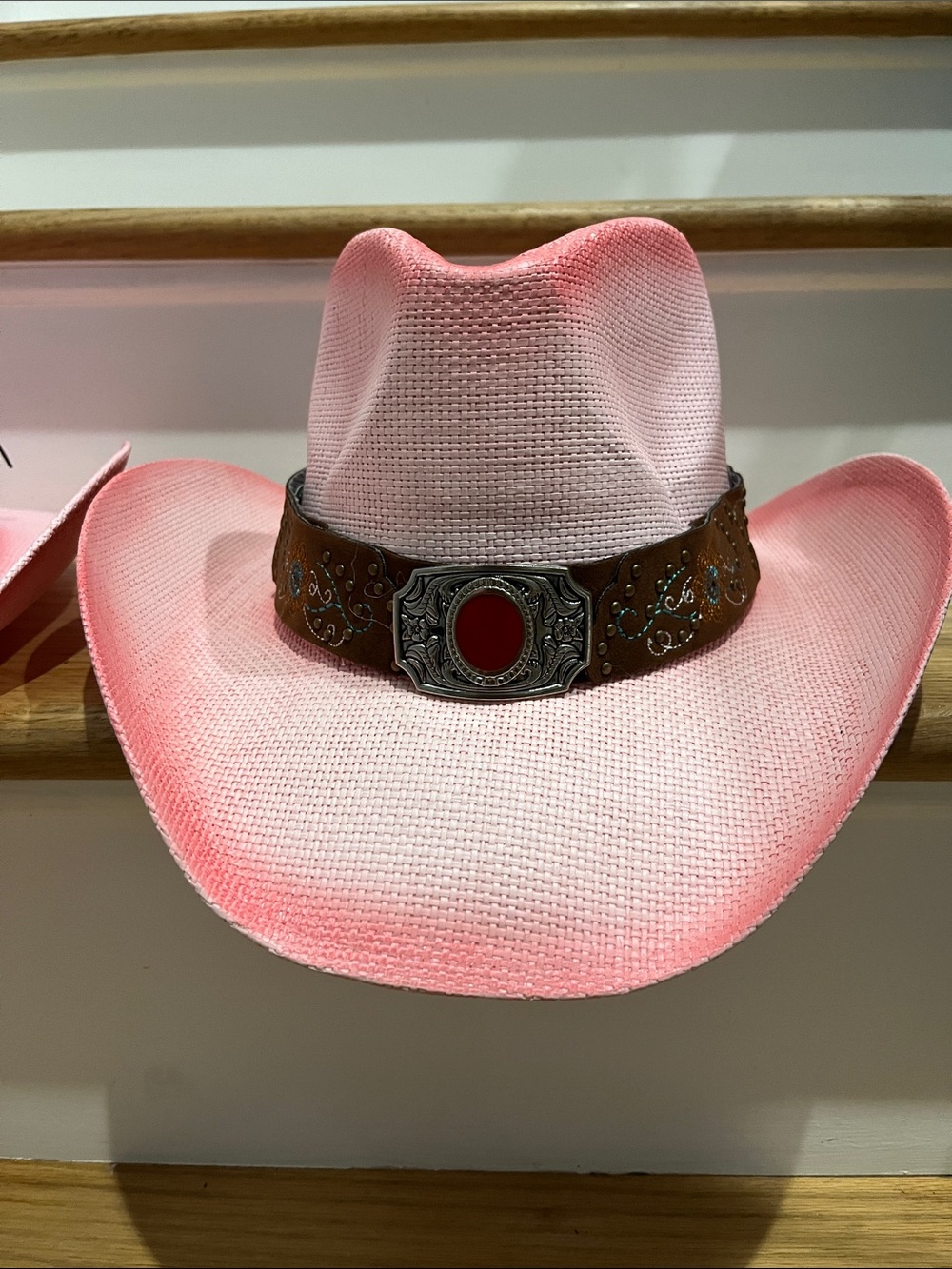 Pink Western Straw Cowboy Hat with Decorative Band - Picture 2 of 4